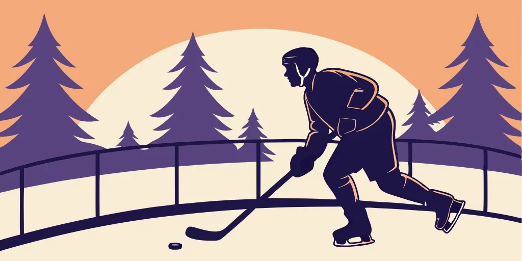 Men's league hockey player skates outdoors at sunset.