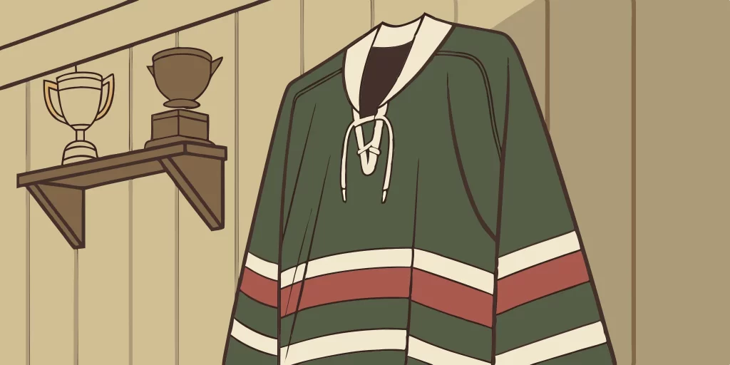 NJ Devils green jersey with trophies.