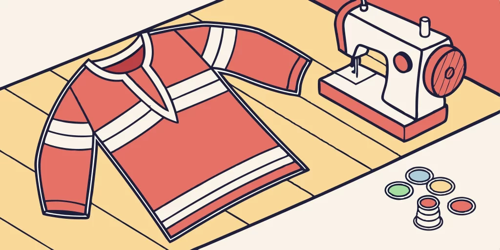 Maine jerseys in red and white with sewing machine and thread.