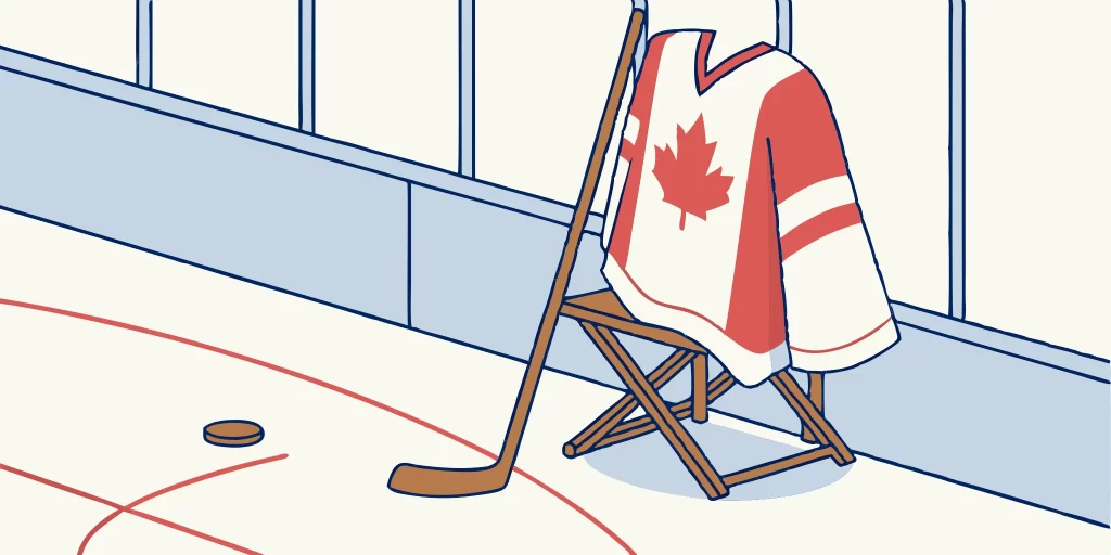 Authentic Canada hockey jersey with stick and puck on ice.